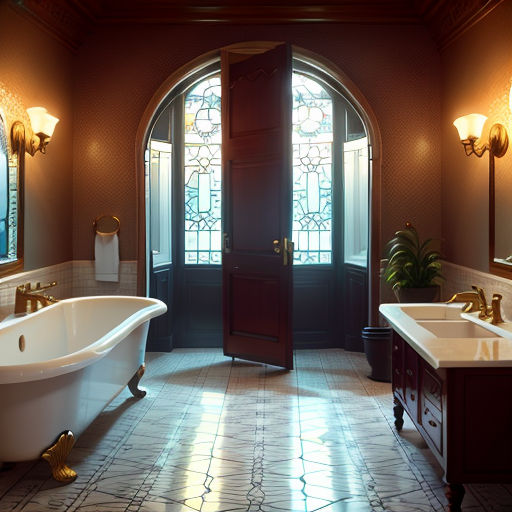 a bathroom with a claw foot tub and double sinks and a large window with stained glass panes and arched doorway