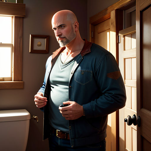 a man in a blue shirt and tie standing in a bathroom next to a toilet and a window with a light coming through