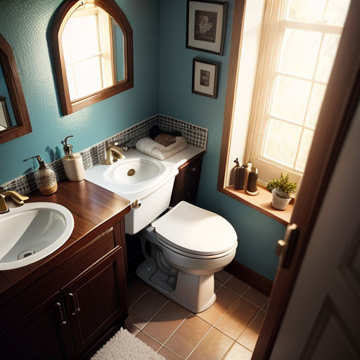 a bathroom with a toilet, sink, and mirror in it's corner with a window above it