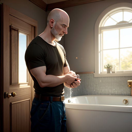 a man standing in front of a bath tub in a bathroom next to a window with a potted plant