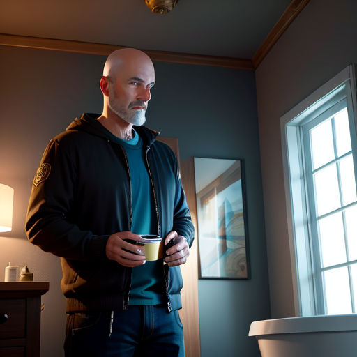 a man standing in a bathroom holding a cup of coffee and looking out the window with a cat on the wall