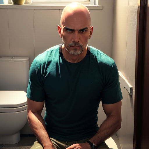 a man sitting on a toilet in a bathroom with a green shirt on and a white toilet in the background