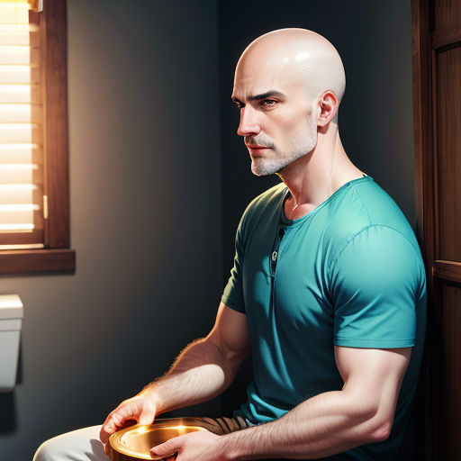 a man sitting on a toilet with a bowl in his hand and a window in the background with blinds