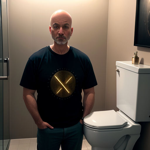 a man standing in a bathroom next to a toilet and a sink with a mirror on the wall above it