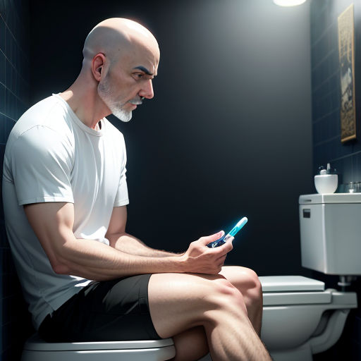 a man sitting on a toilet using a cell phone in a bathroom with a blue tiled wall and a white toilet