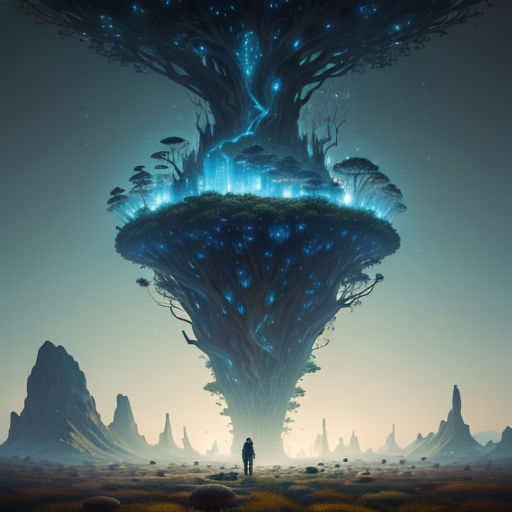 a man standing in front of a giant tree with a sky background and a man standing in front of it