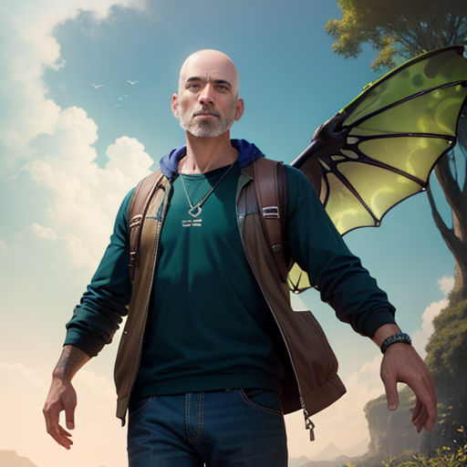 a man with a dragon wing on his shoulder and a backpack on his shoulder, walking through a forest