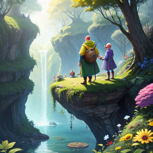a painting of a man and a woman standing on a cliff overlooking a waterfall and a waterfall with a waterfall in the background