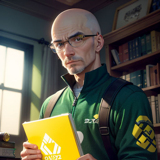 a man holding a yellow folder in a room with bookshelves and a window in the background,