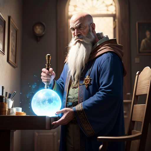 a man with a long white beard holding a crystal ball in his hand and a wizard hat on his head