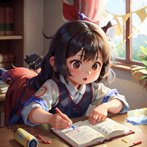a girl sitting at a desk writing on a book with a pencil in her hand and a book in front of her