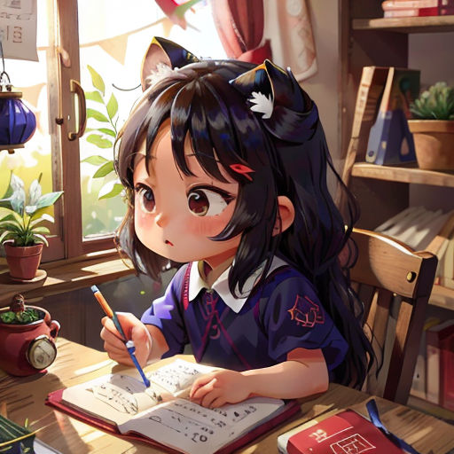 a girl sitting at a desk writing on a book and holding a pen in her hand and a cat on her head