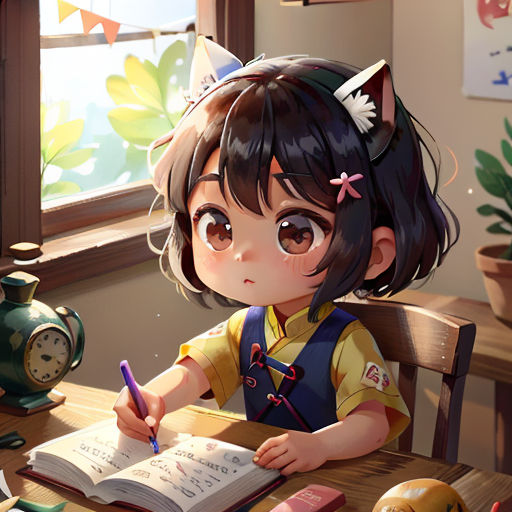 a girl sitting at a desk writing on a book with a cat ears on her head and a cat tail on her head