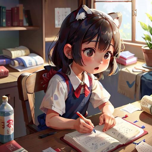a girl sitting at a desk writing on a book with a pen and paper in front of her and a plant in the background