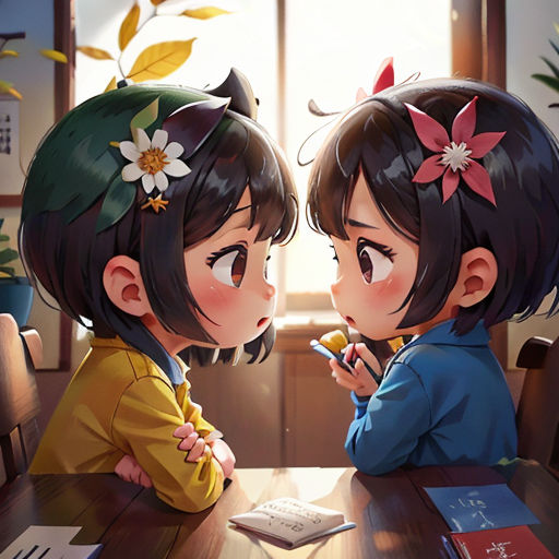 two little girls sitting at a table with a book and a pen in their hands and looking at each other