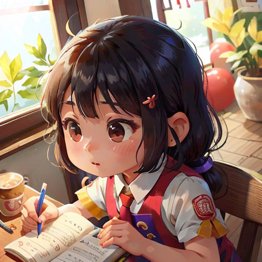 a girl sitting at a table writing on a book and holding a pen and paper in her hand and a cup of coffee in front of her