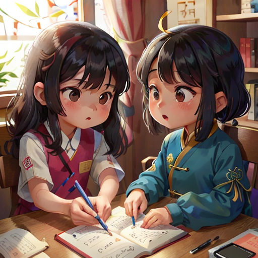 two young girls sitting at a table writing on paper and a cell phone in front of them, with a book open