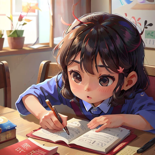 a girl is writing in a book at a table with a pen and a book on it, and a plant is in the background