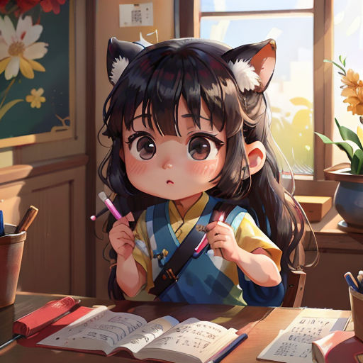 a girl sitting at a desk with a cat on her head and a book in front of her, with a pen in her hand