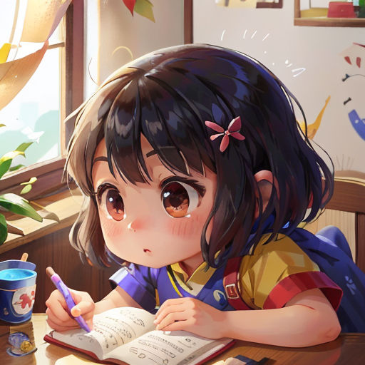 a girl sitting at a table writing on a book and holding a pen in her hand and a cup of coffee