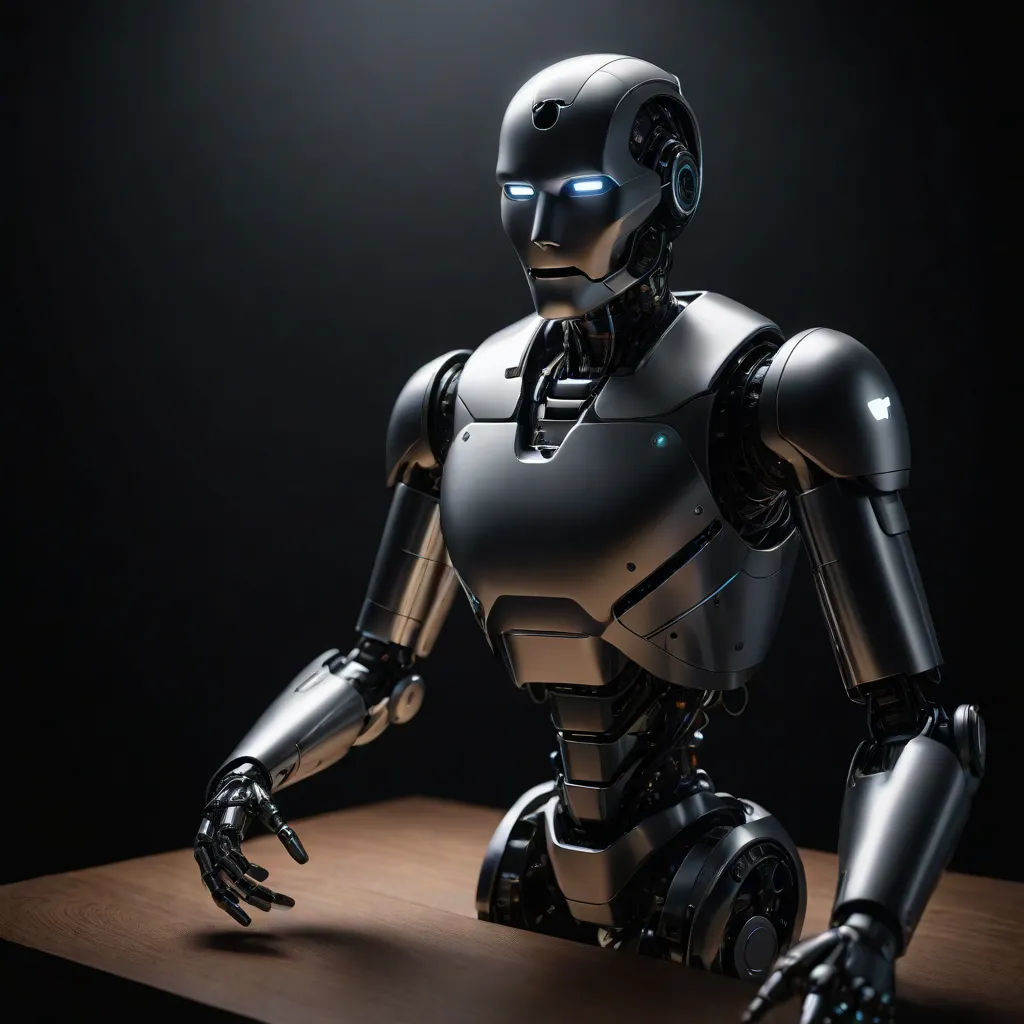 a robot sitting on a table in the dark with its arms outstretched and eyes closed, with a black background, les automatistes, a computer rendering, Ai-Mitsu, cybernetics