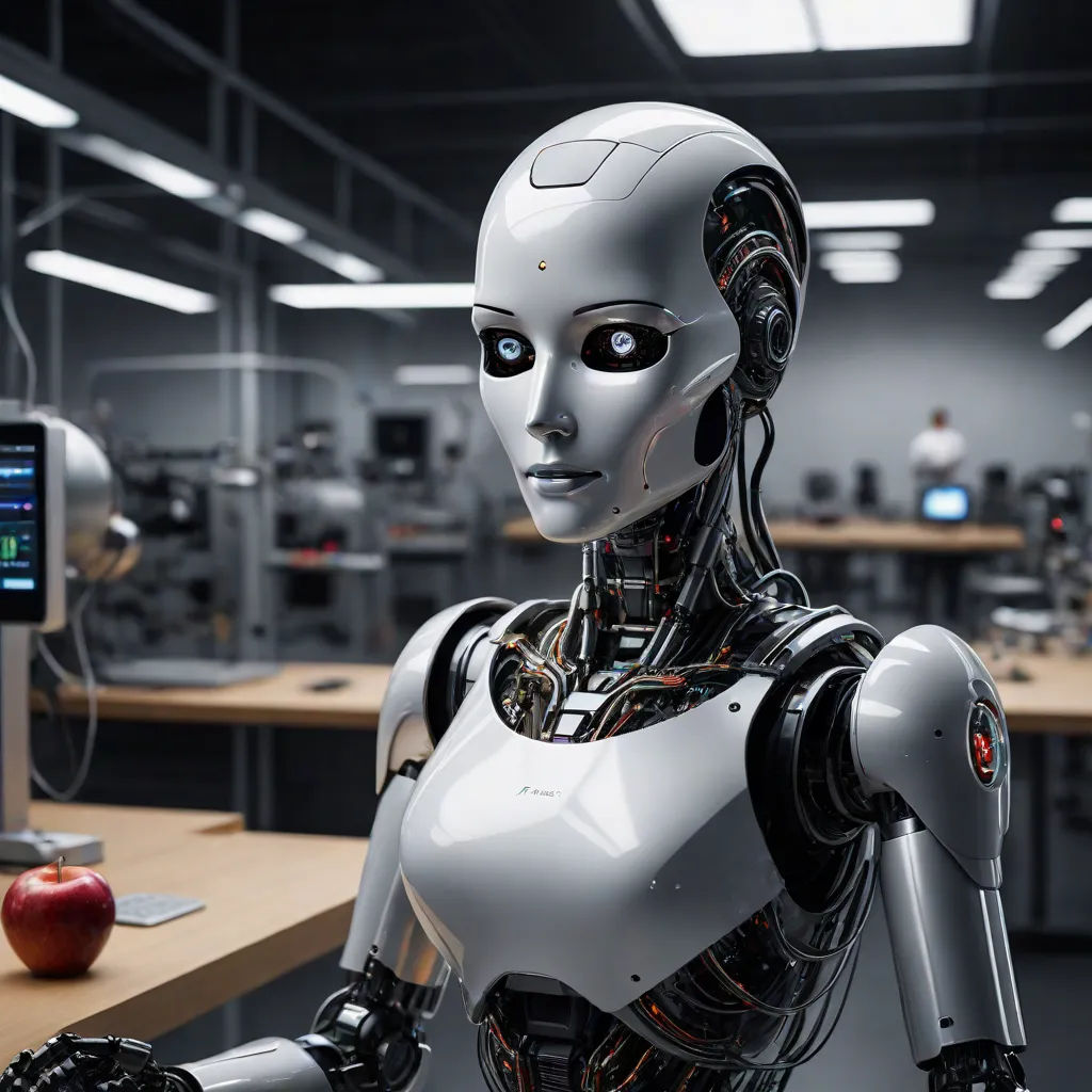 a robot is standing in a room with a computer monitor and a apple on the table in front of it, les automatistes, a stock photo, Ai-Mitsu, robots