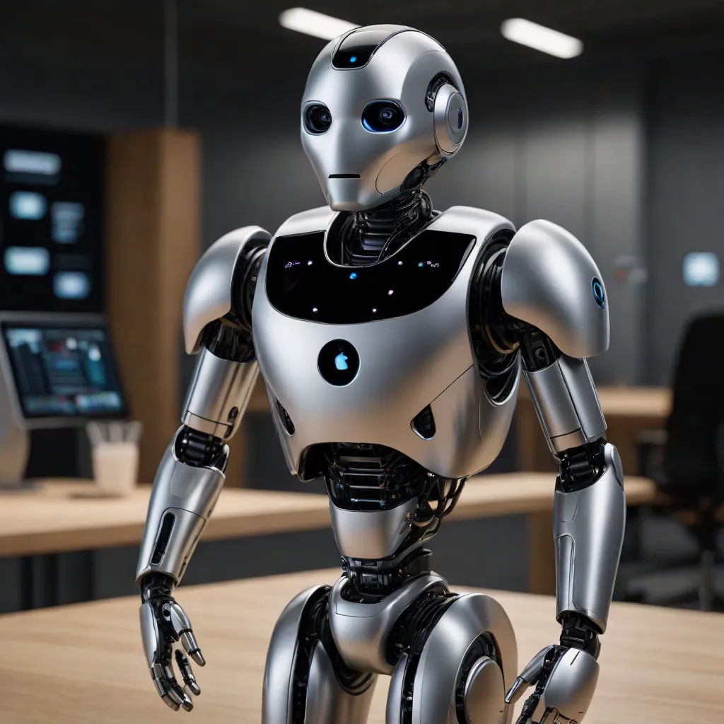 a robot is standing on a table in an office setting with a computer monitor in the background and a laptop on the desk, les automatistes, a computer rendering, Ai-Mitsu, unreal engine 5 quality render