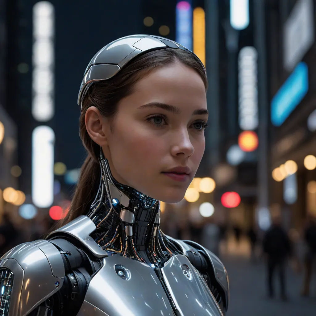 a woman in a futuristic suit standing in the street at night with a city in the background and people walking around, les automatistes, cyberpunk art, Ai-Mitsu, ex machina
