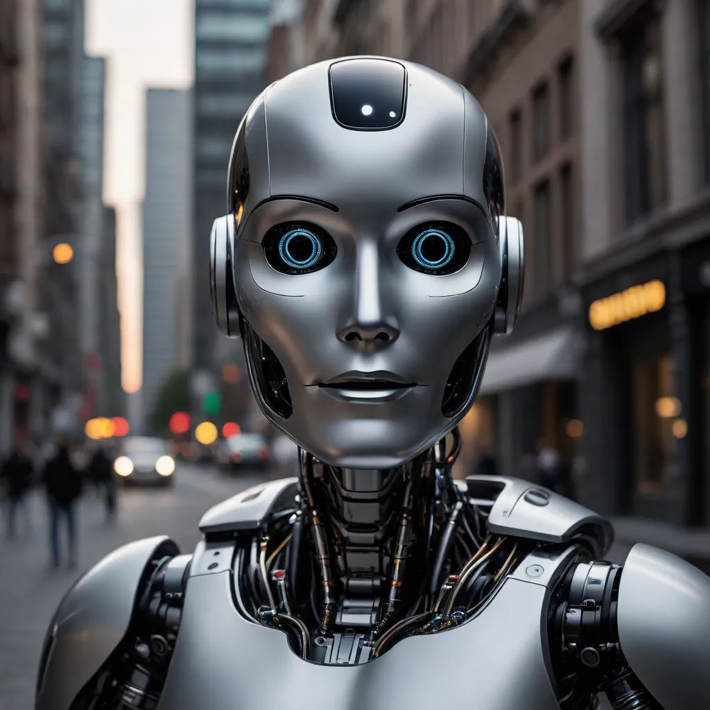 a robot is standing on a city street with people walking by it and a building in the background with a lot of windows, les automatistes, cyberpunk art, Ai-Mitsu, robots