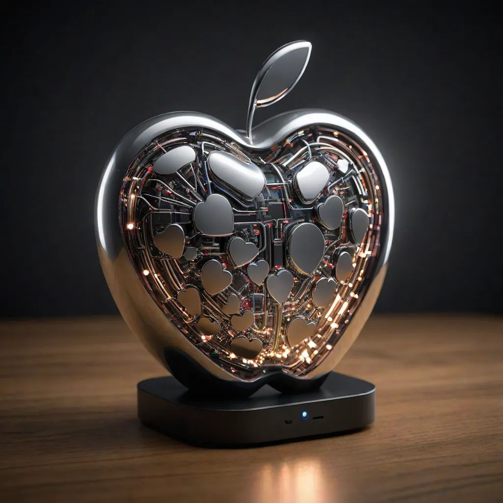 a shiny apple sculpture with a clock inside of it on a table top with a black background and a black background, kinetic art, a computer rendering, Beeple, redshift render