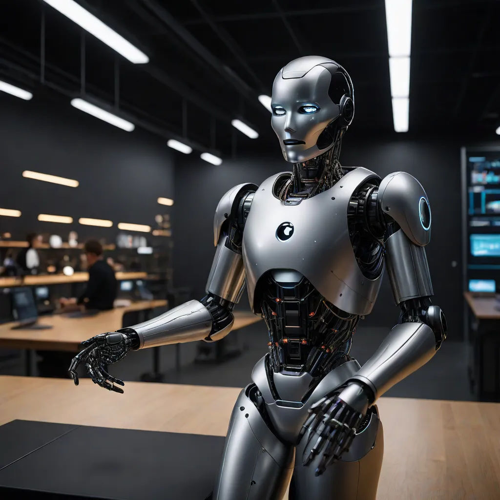 a robot is standing in an office setting with a desk and chairs in the background and people working in the background, les automatistes, a 3D render, Beeple, cybernetics