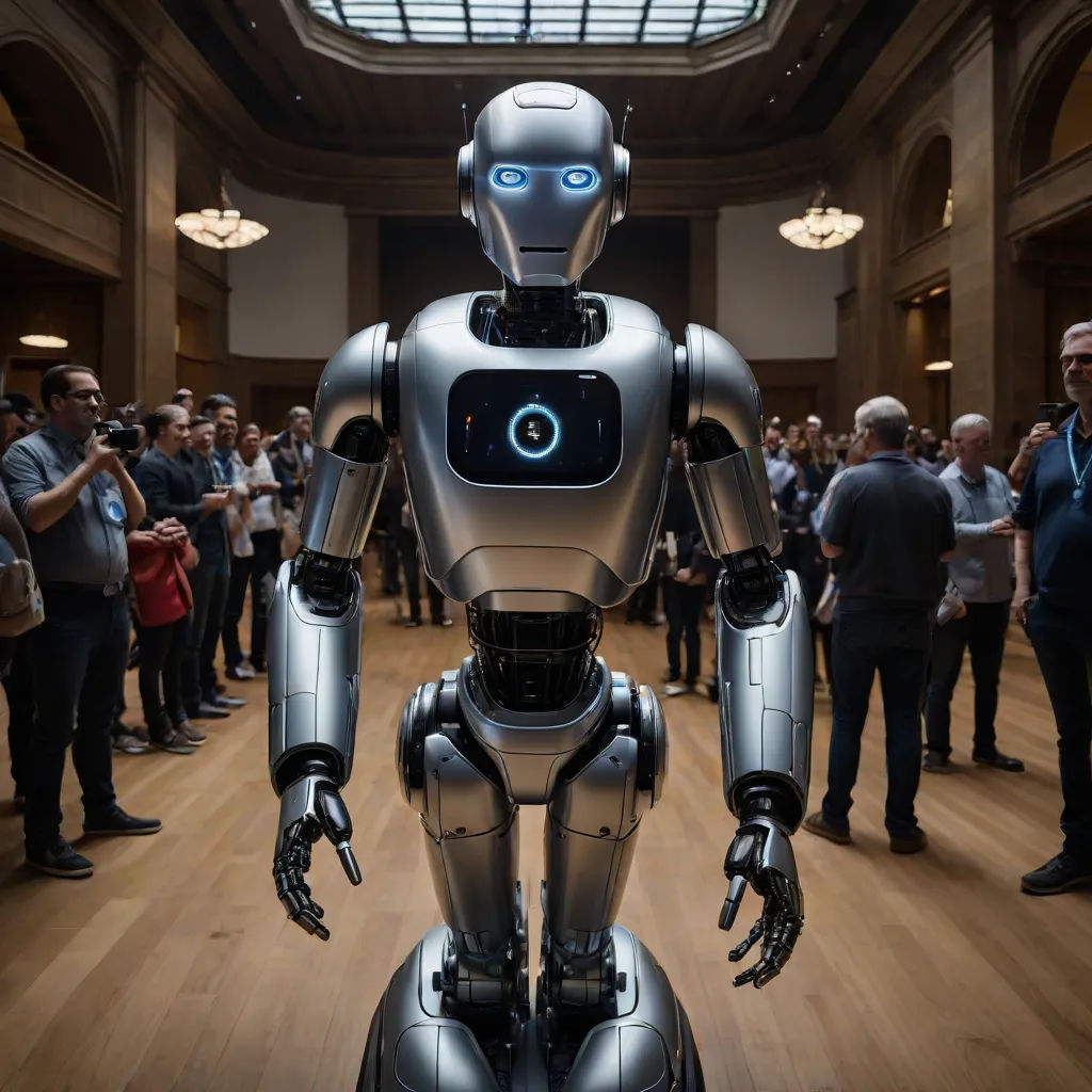 a robot standing in a room with people around it and a skylight overhead in the background, with a crowd of people standing around it, les automatistes, a stock photo, Cedric Seaut (Keos Masons), robots