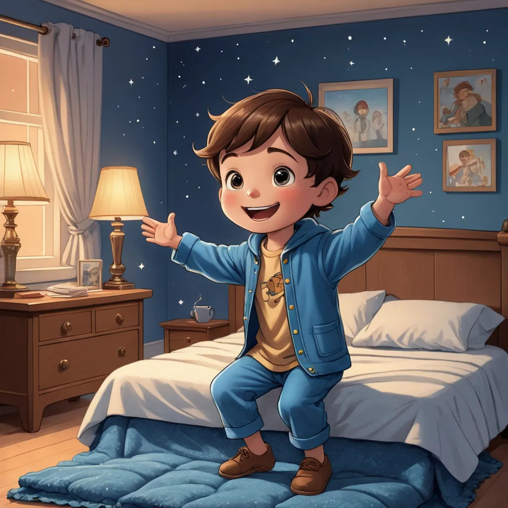a boy in pajamas standing on a bed in a bedroom with a blue wall and a star filled wall, space art, a storybook illustration, Diego Gisbert Llorens, storybook illustration