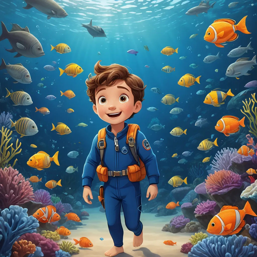 a boy in a blue suit standing in front of a sea of fish and corals with a scuba suit on, space art, a storybook illustration, Cliff Childs, promotional image