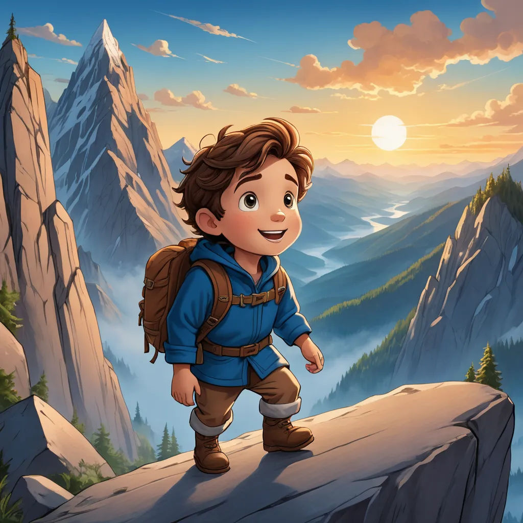 a boy standing on a cliff with a backpack on his back and a mountain in the background with a sun setting, sots art, a storybook illustration, Cliff Childs, 2 d game art
