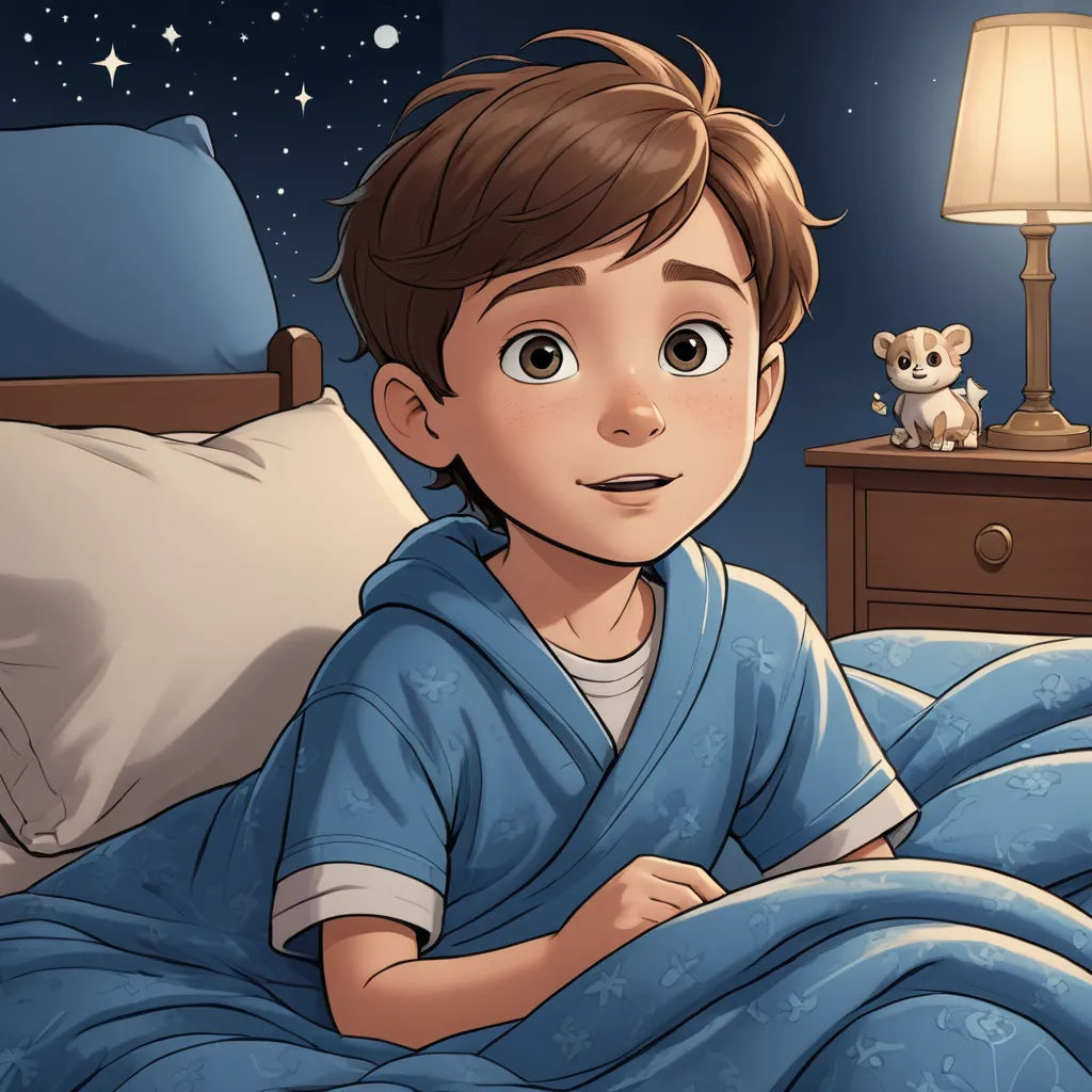 a boy in a blue robe laying in bed with a teddy bear on the nightstand and a night stand, sots art, a storybook illustration, Diego Gisbert Llorens, storybook illustration