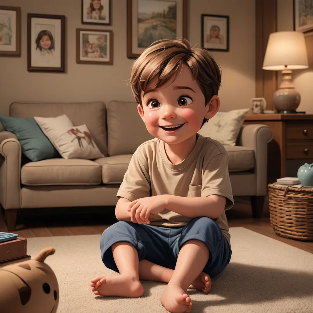 a boy sitting on the floor in front of a couch with a smile on his face and a cat toy, photorealism, a storybook illustration, disney, pixar and disney animation