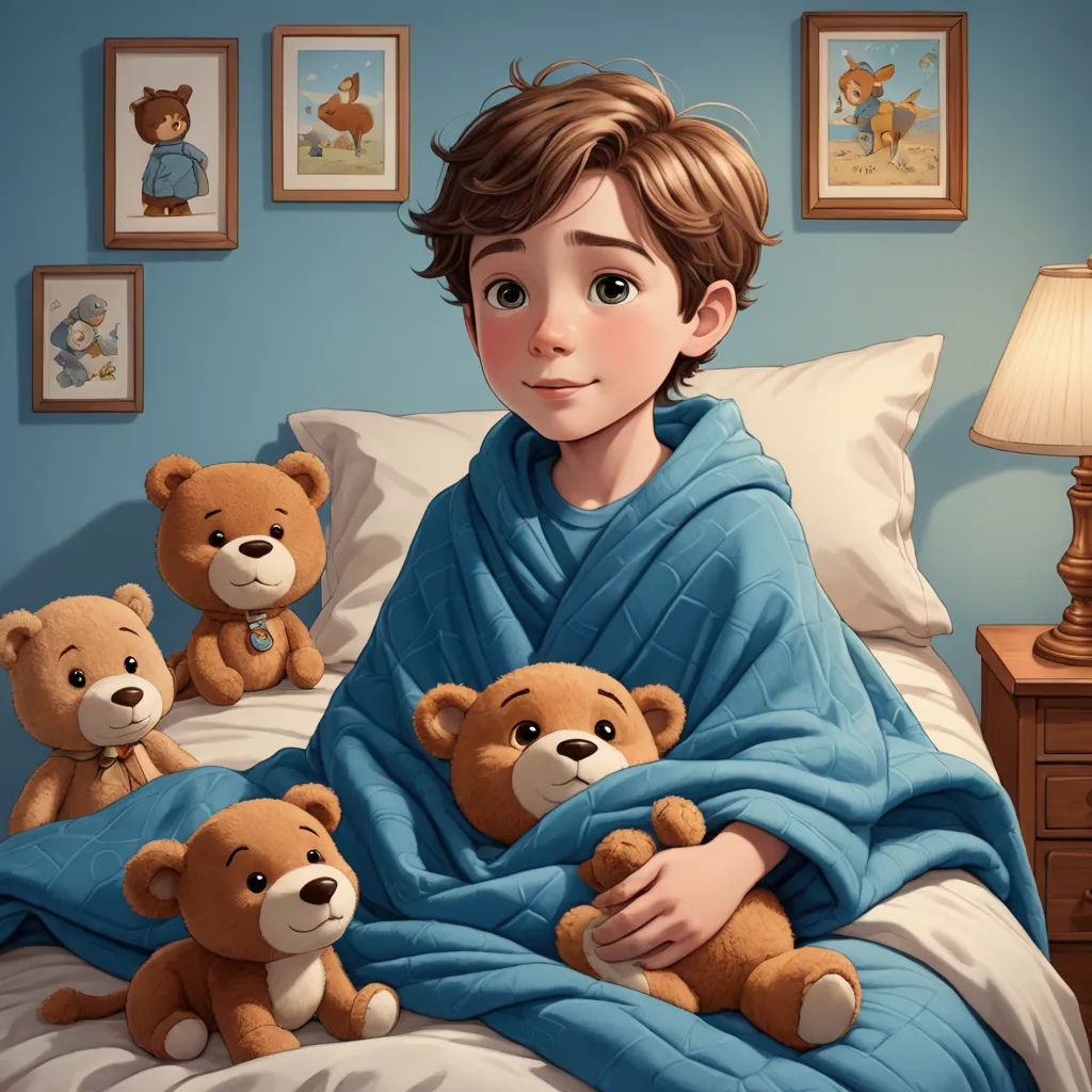 a boy wrapped in a blanket with teddy bears on the bed in front of him and a teddy bear on the side of the bed, sots art, a storybook illustration, Diego Gisbert Llorens, storybook illustration