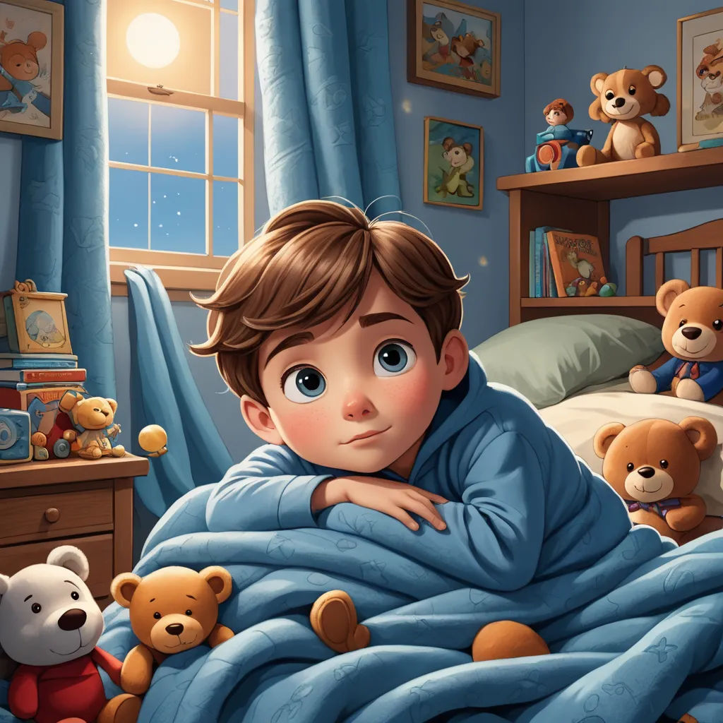 a boy laying in bed with teddy bears around him and a teddy bear on the bed in the corner, sots art, a storybook illustration, Diego Gisbert Llorens, storybook illustration