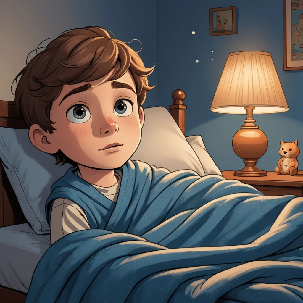 a boy laying in bed under a blanket with a teddy bear on the side of the bed next to him, sots art, a storybook illustration, Diego Gisbert Llorens, storybook illustration