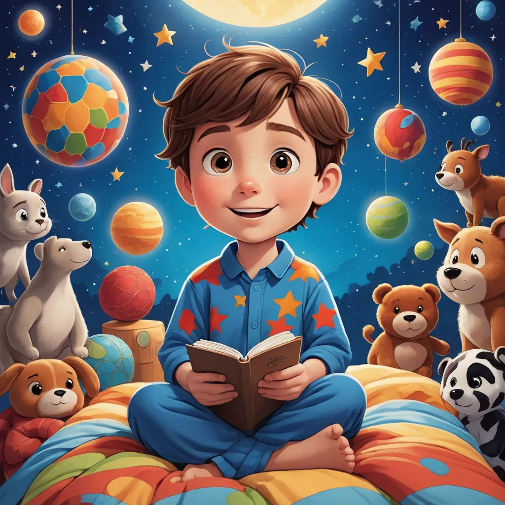 a boy reading a book in bed with stuffed animals around him and a full moon in the sky above him, space art, a storybook illustration, Aaron Jasinski, storybook illustration