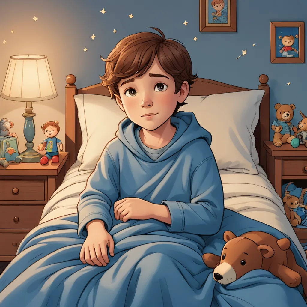 a boy in a blue robe sitting in a bed with a teddy bear in front of him and a night stand with a lamp on, sots art, a storybook illustration, Diego Gisbert Llorens, storybook illustration