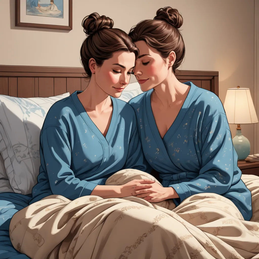 two women in robes are sitting on a bed together, one is holding her stomach and the other is holding her hand, remodernism, a storybook illustration, Brothers Hildebrandt, official art