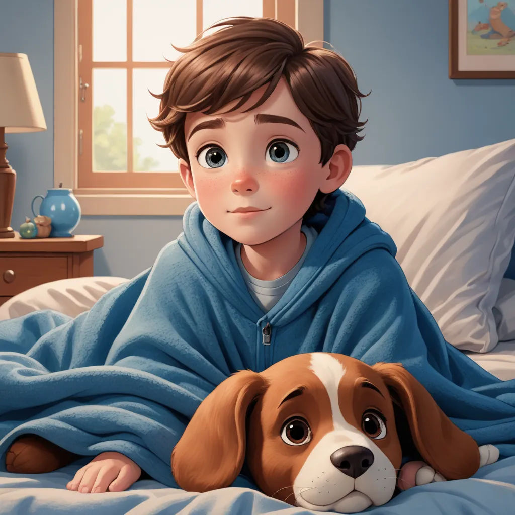 a boy laying in bed with a dog under a blanket on his lap and a dog under the blanket, photorealism, a storybook illustration, Alejandro Burdisio, cgstudio