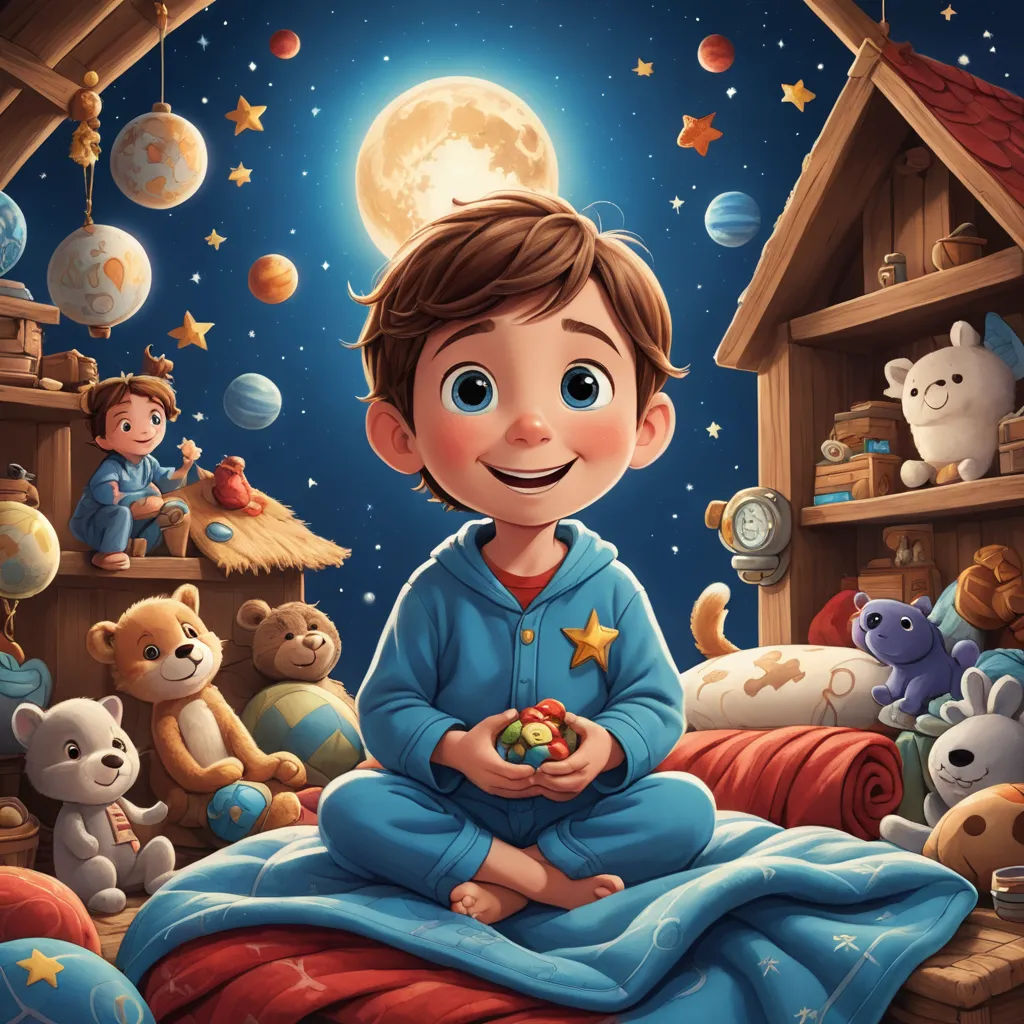 a boy sitting on a bed with a teddy bear in his lap and a full moon in the background, space art, a storybook illustration, Aaron Jasinski, highly detailed digital painting