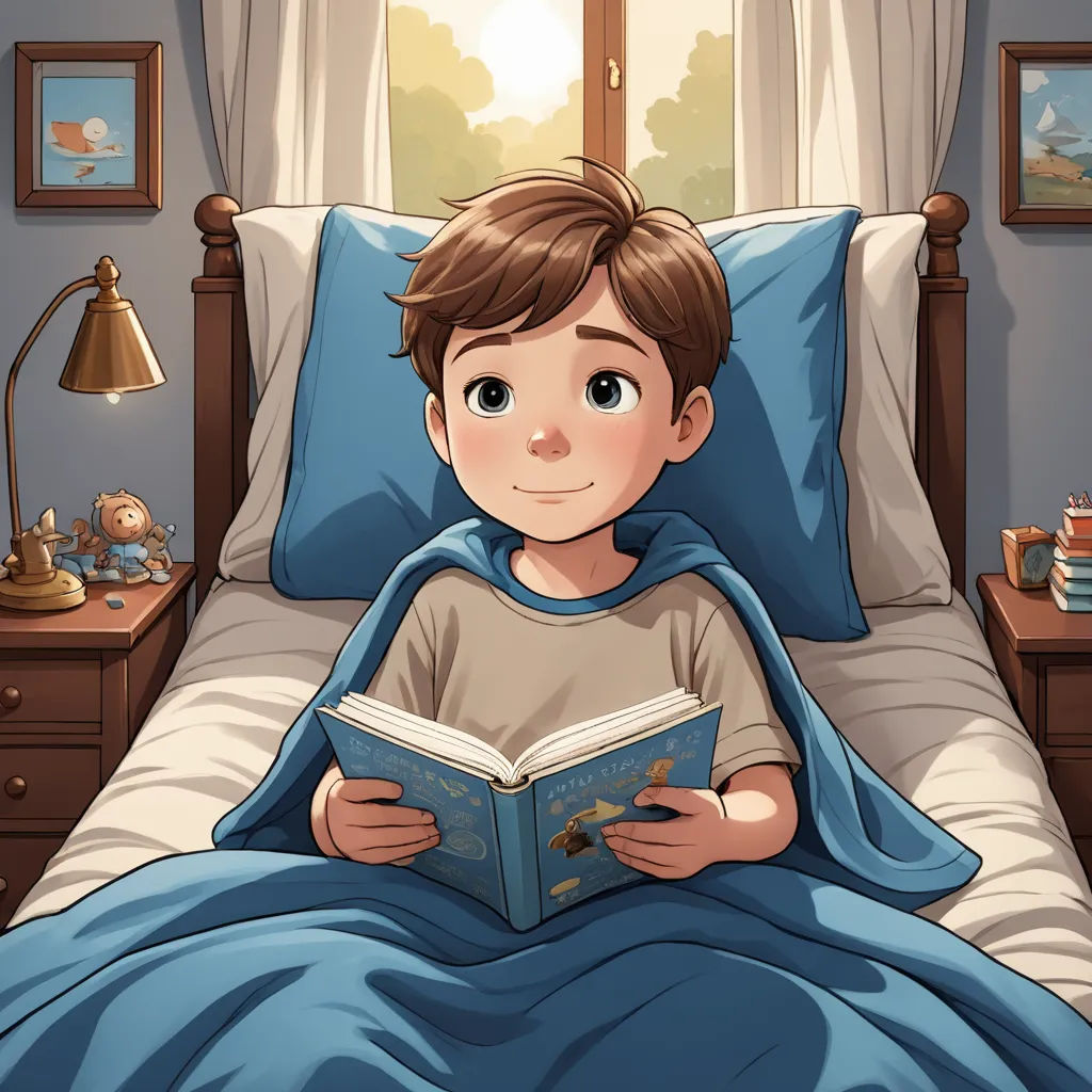 a boy is reading a book in bed with a blue blanket on his head and a teddy bear on the pillow, fantasy art, a storybook illustration, Diego Gisbert Llorens, storybook illustration