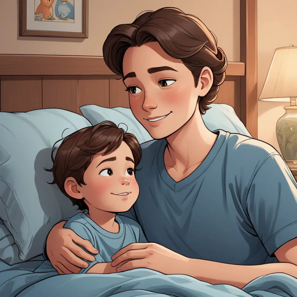 a man and a child are in bed together, one is holding the other's arm and smiling, sots art, a storybook illustration, Everett Warner, storybook illustration