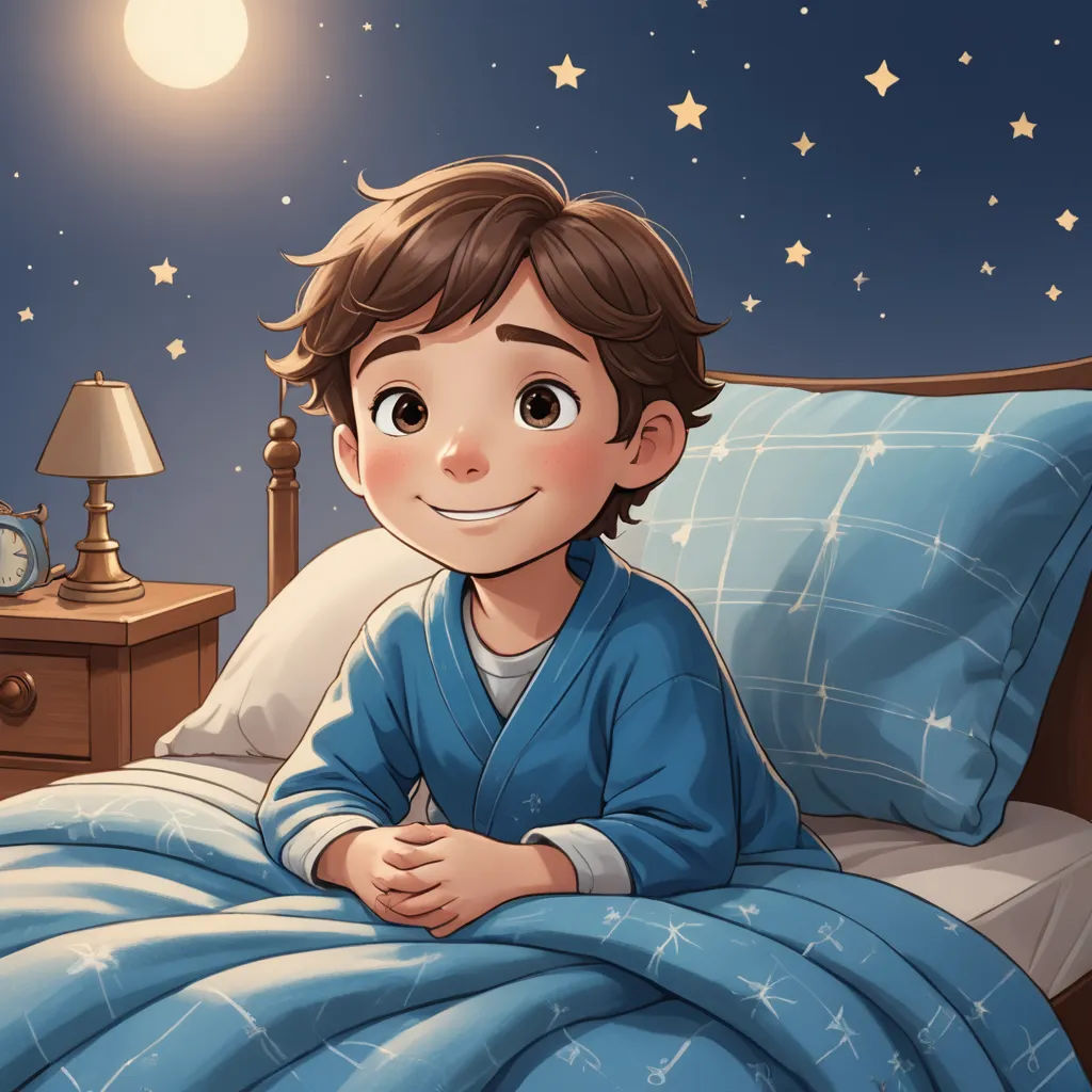 a boy laying in bed under a blanket under a night sky with stars and a clock on the nightstand, space art, a storybook illustration, Diego Gisbert Llorens, storybook illustration