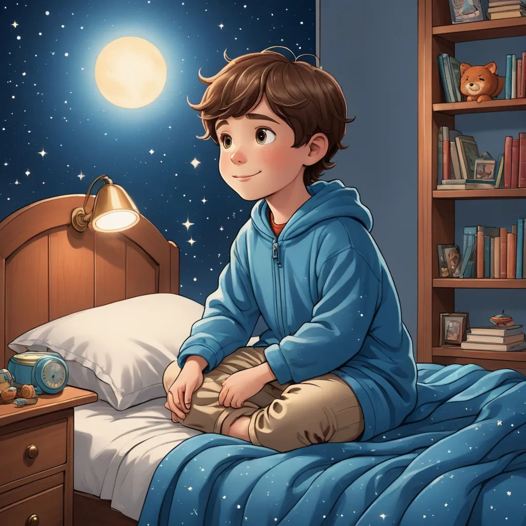 a boy sitting on a bed in a bedroom with a night sky and stars above him and a teddy bear, space art, a storybook illustration, Diego Gisbert Llorens, storybook illustration