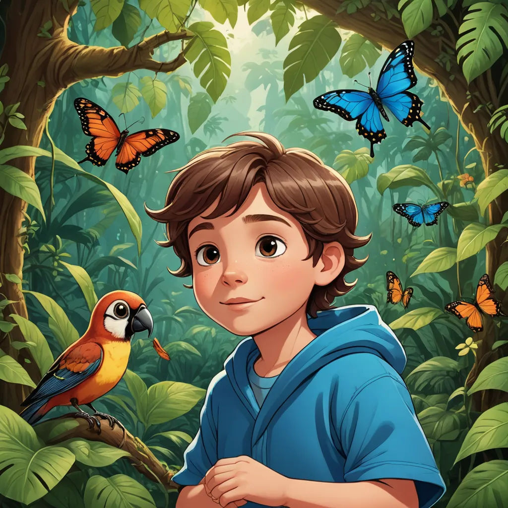 a boy standing in the middle of a forest with a bird on his shoulder and butterflies flying around him, serial art, a character portrait, Cliff Childs, key art
